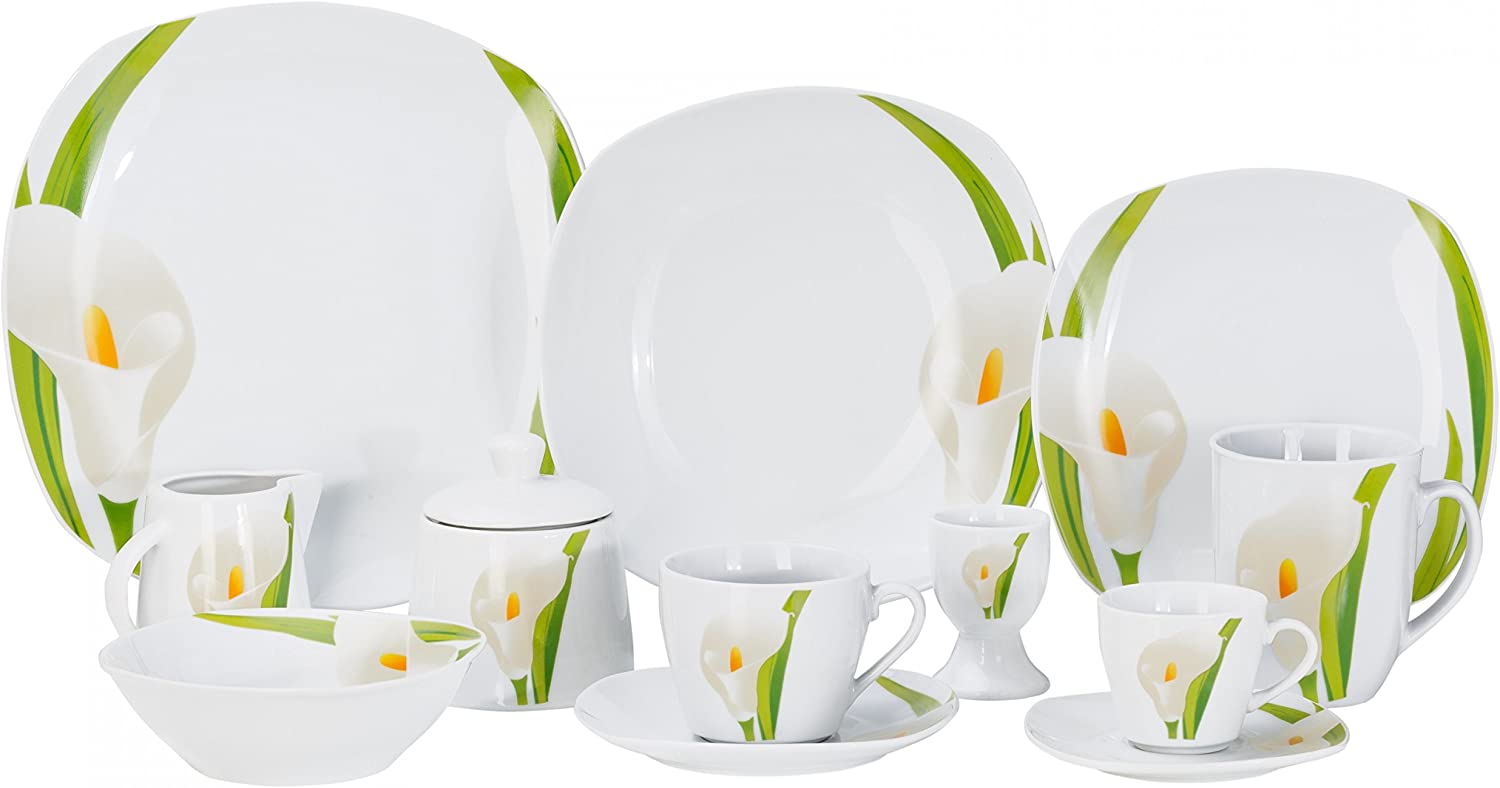 Calla Dinner Set 62-Piece for 6 People Porcelain Square White with Floral Design