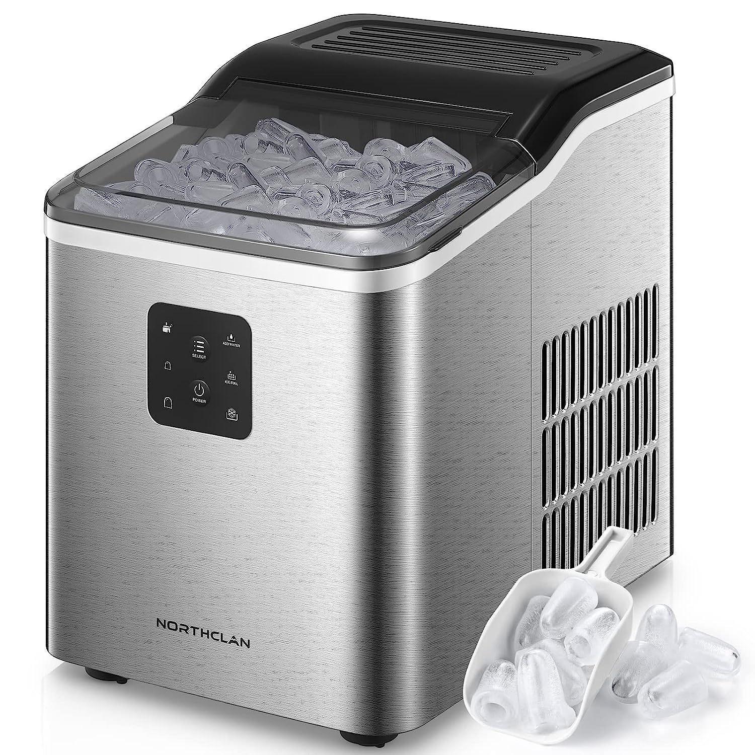 NORTHCLAN Ice Cube Machine 2 Ice Cube Sizes, 14 kg, 24 Pieces, 9 Ice Cubes in 5-8 Minutes, Self-Cleaning, LCD Display and 2L Water Tank, Ice Maker with Ice Scoop and Basket, Stainless Steel Ice Cube Maker