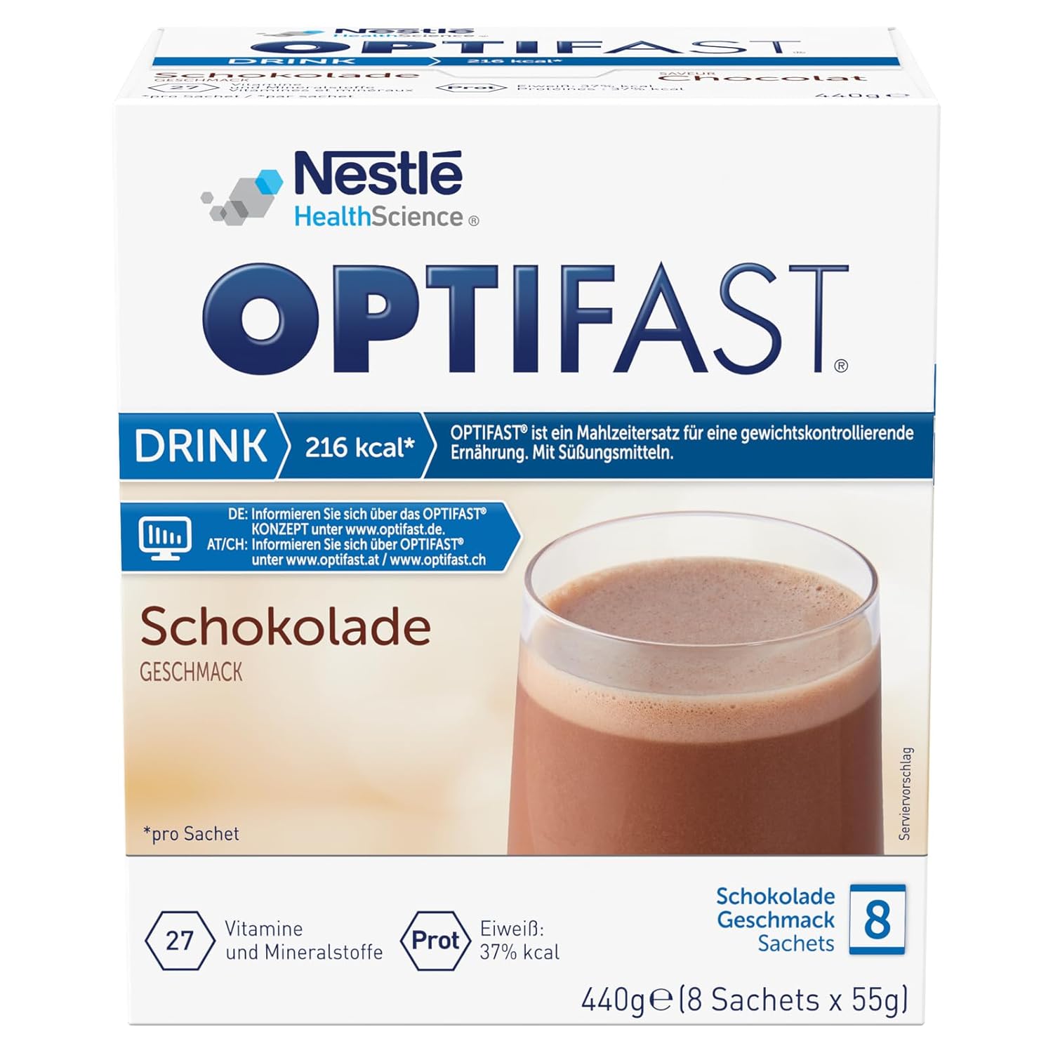 OPTIFAST® Diet Shake Chocolate for Weight Loss, Protein-Rich Meal Replacement with Important Vitamins and Minerals, Quick Prepared and Delicious in Flavor, 8 x 55 g