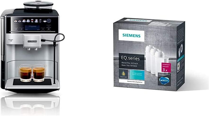 Siemens EQ.6 plus s300 Kaffeevollautomat TE653501DE, Speicherung Profile, Dampf-Reinigung, 1.500 Watt, silber & TZ70033 Brita Intenza Wasserfilter, reduziert Kalkgehalt im Wasser, 3 Stück, weiß