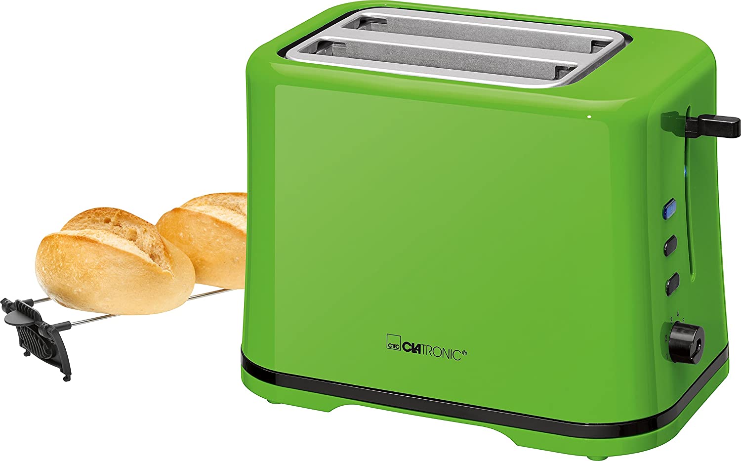 Clatronic TA 3554 compact 2-slice toaster, bread roll attachment (removable), warm-up, defrosting, quick-stop function, infinitely adjustable browning level, crumb drawer, green