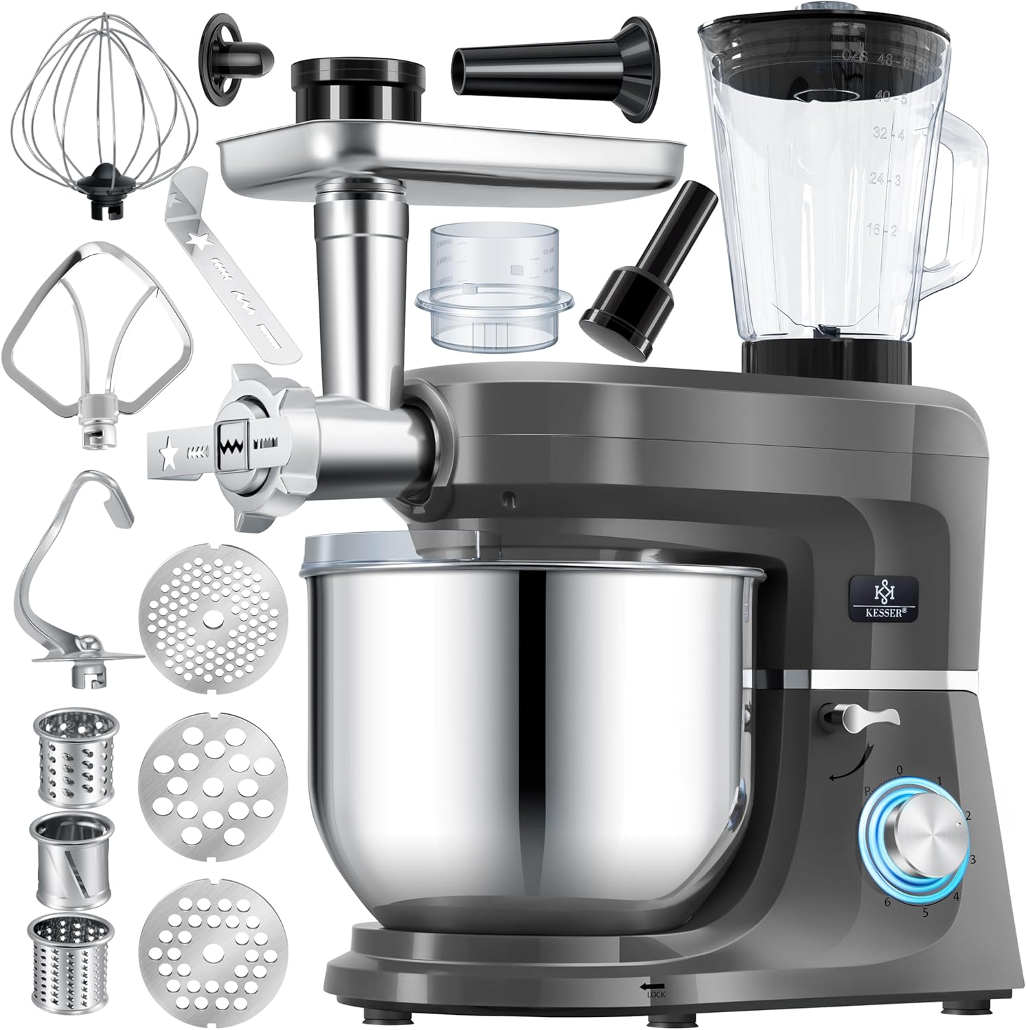KESSER® 3-in-1 Universal Food Processor K-KM 3000 with Meat Grinder Kneading Machine Multifunctional Mixing Machine 5.5 L Bowl with 3 Mixing Tools, 1.5 L Juicer, Sausage Set, Anthracite