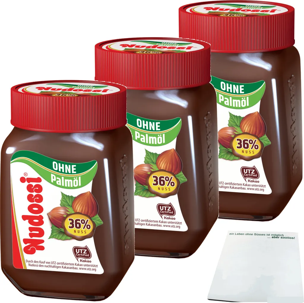 Nudossi Haselnuss-Nougat-Creme 36% Haselnüsse ohne Palmöl 3er Pack (3x300g) + usy Block