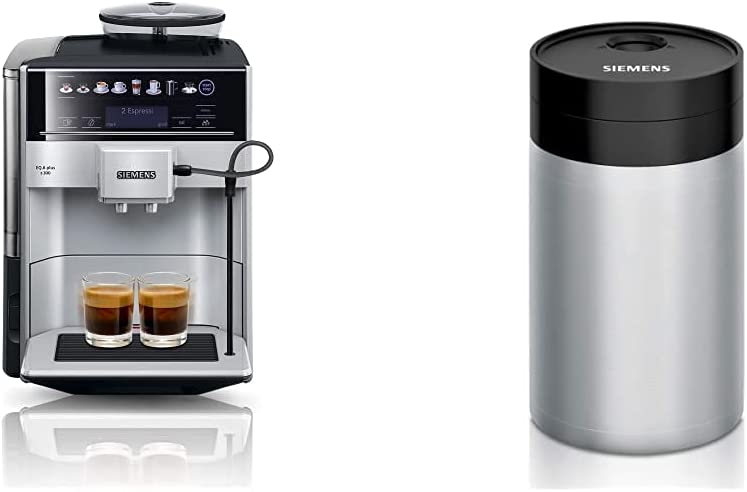 Siemens EQ.6 Plus s300 Fully Automatic Coffee Machine TE653501DE, Storage Profiles, Steam Cleaning, Double Cup Function, 1,500 Watt, Silver & TZ80009N Insulated Stainless Steel Milk Container 0.5 Litres