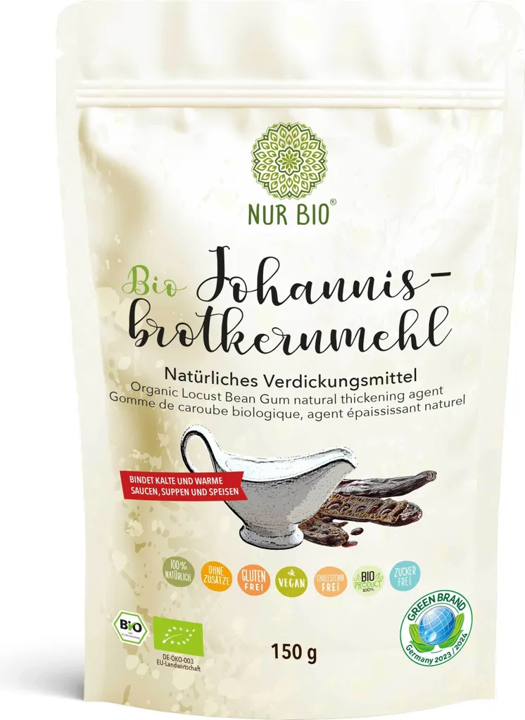 NUR BIO® Organic Locust Bean Gum 150g, natural thickener, egg substitute, gluten-free baking cooking, perfect ice cream