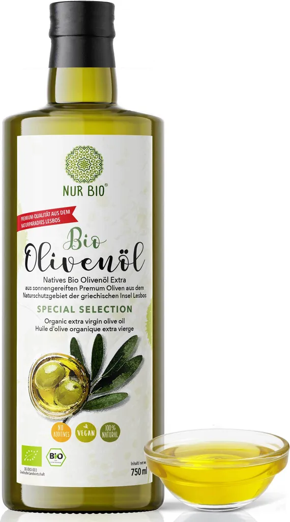 NUR BIO® Bio Olivenöl 750 ml, mild fruchtiges Olivenöl von der Insel Lesbos, Griechenland, nativ, Omega-3