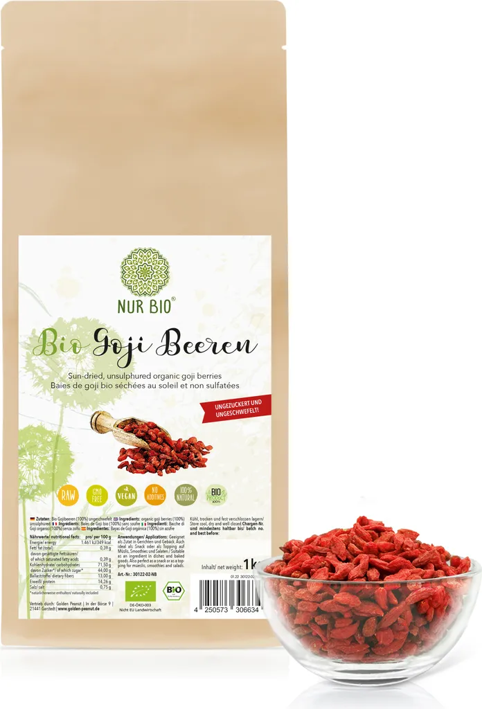 NurBio® Goji Berries ORGANIC 1 kg - unsulfured, natural, sun-dried, highest raw food quality, organic
