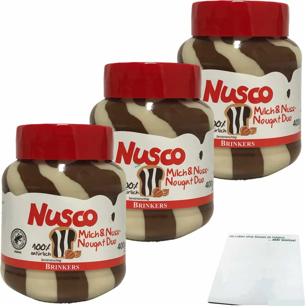 Nusco Milch & Nuss Nougat Duo Creme 3er Pack (3x400g Glas) + usy Block