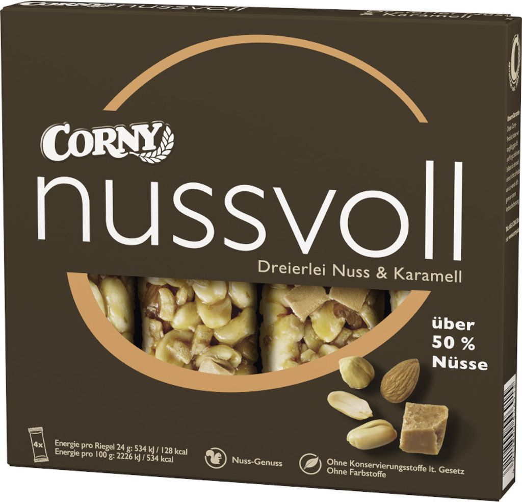 Nussvoll Dreierlei Nuss & Karamell Müsliriegel von Corny, 4x24g