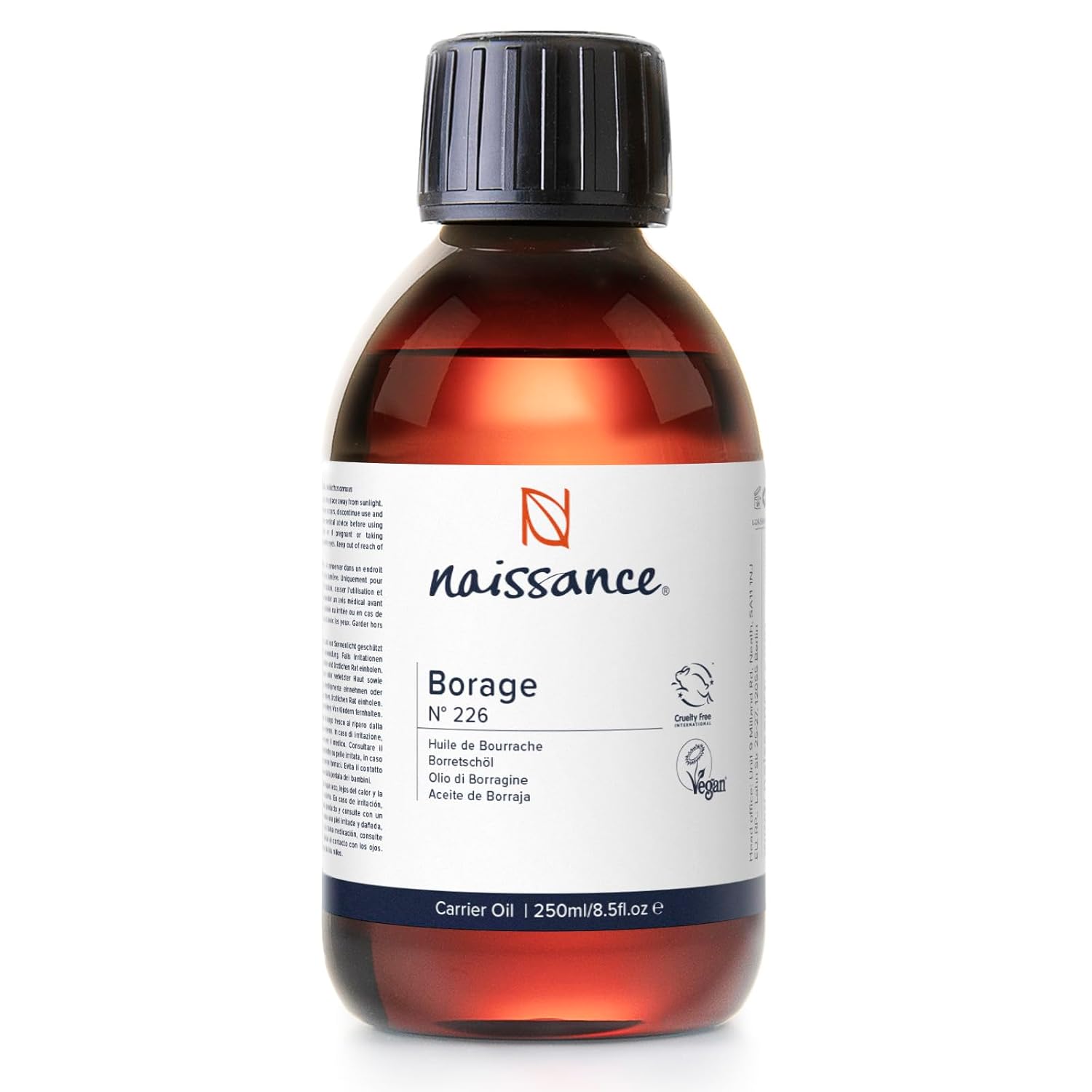 Naissance Borage Oil (No. 226) – 225 ml – Natural Pure, Cold Pressed Borage Oil for Skin, Hair, Body, Face