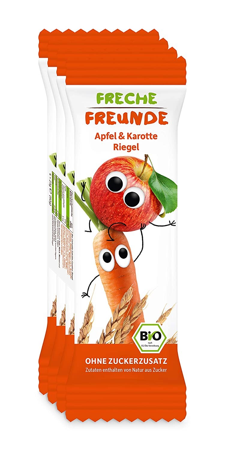 FRECHE FREUNDE Bio Riegel Apfel & Karotte, für Babys und Kinder ab 1 Jahr, ohne Zuckerzusatz, vegan, 6er Pack, 6 x (4 x 23g)