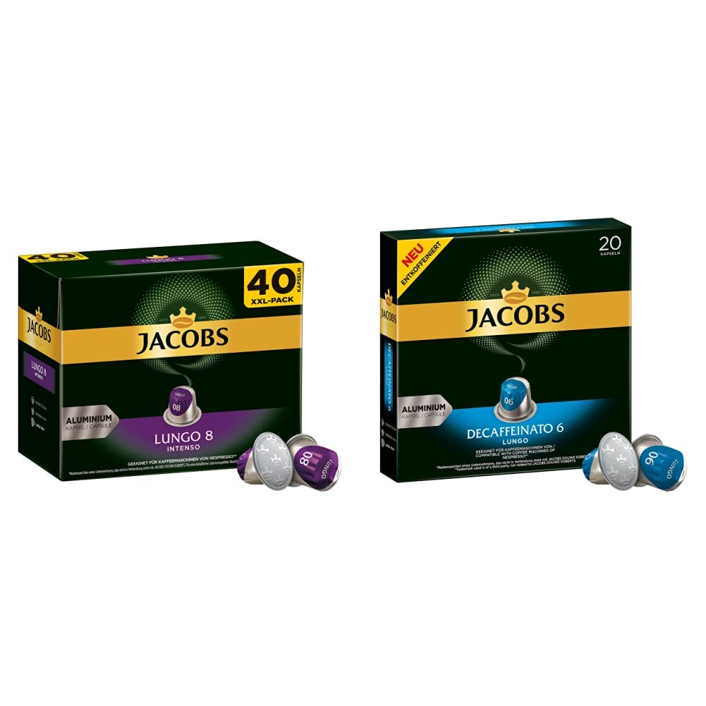 Jacobs Lungo Intenso Coffee Capsules (For Short Time Only) Mega Pack XXL, Intensity 8 of 12 & Coffee Capsules Lungo Decaffeinato Intensity 6-200 Nespresso Compatible Capsules, Pack of 10