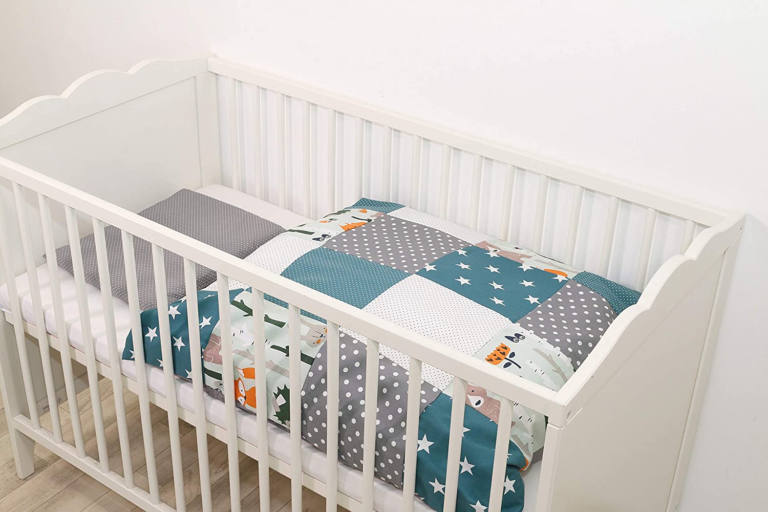 Ullenboom ® Baby Bedding Set - 2 Pieces (Complete): Baby bed linen 80 x 80 cm and pillowcase 35 x 40 cm, baby bed set for the baby bed made from 100% cotton. Forest Animals Petrol