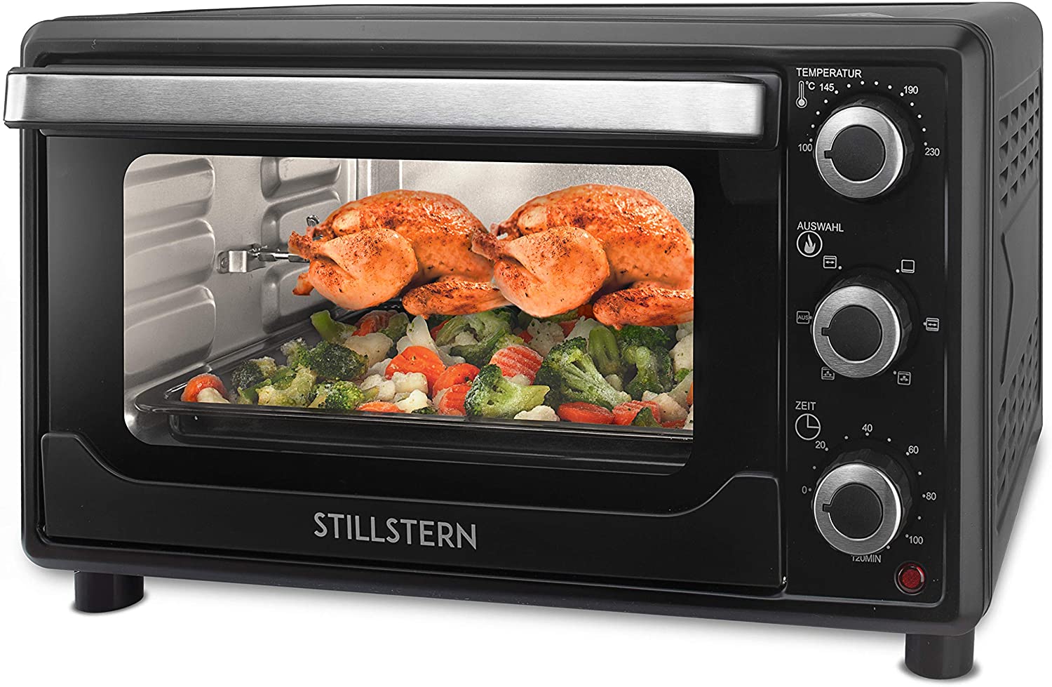 Stillstern Mini Oven with Circulation (25 L) German Version, 2 x Baking Tray, Oven Gloves, Recipe Booklet, Rotisser, Timer, Interior Lighting, 1500 W, Toaster Grill Pizza Oven Mini Oven Ideal for Camping