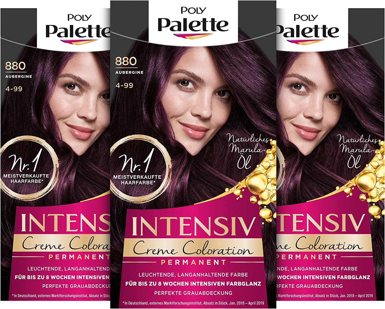 Poly Palette Intensive Cream Colouration 4-99/880 Aubergine Level 3 (3 x 115 ml), Permanent Colouration for up to 8 Weeks of Intense Colour Shine & 100% Grey Coverage