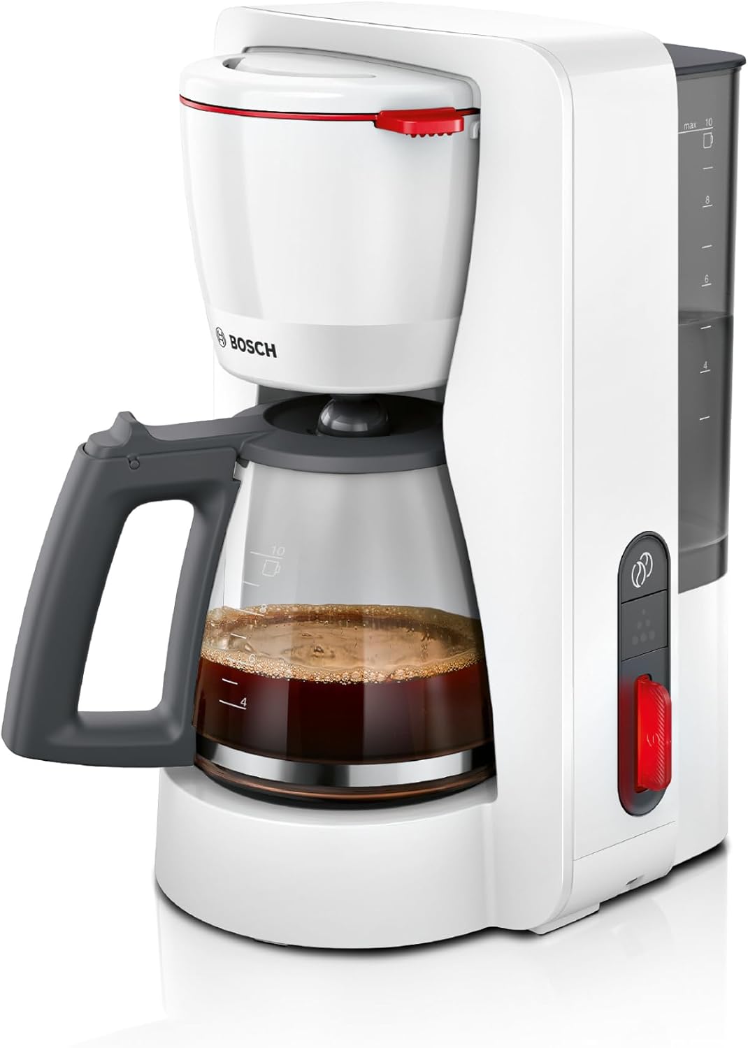 Bosch MyMoment TKA3M131 Filter Coffee Machine, Glass Jug 1.25 L, for 10-15 Cups, 60 Minute Warming Function, Drip Stop, Swivelling Filter Carrier, Descaling Program, 1200 Watt, Matte White