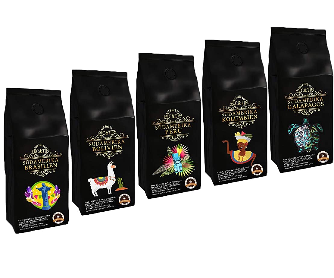 Country Coffee Tasting Pack \"South America\" 5 x 500 g Top Coffee from Brazil, Bolivia, Peru, Colombia, Galapagos 2500 g Ground