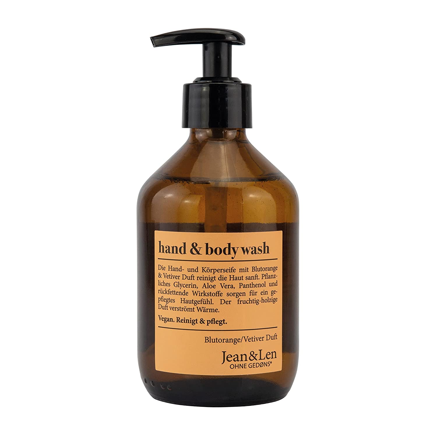 Jean & Len Hand and Body Wash Fruity Scented of Blood Orange and Woody Vetiver, Glass Bottle, Sustainable, 300 ml