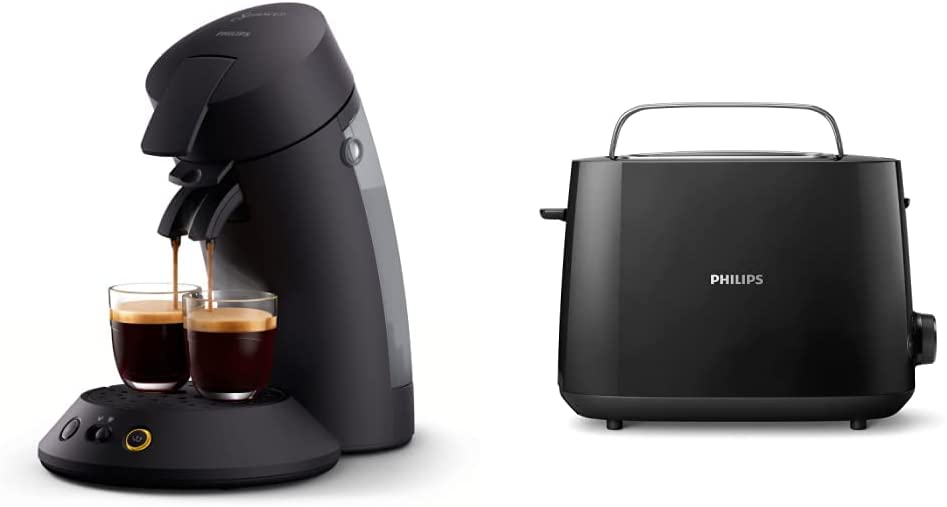 Philips Domestic Appliances Philips Senseo Original Plus CSA210/60 Coffee Pod Machine (Coffee Strength Selection, Coffee Boost Technology), Black & HD2581/90 Toaster, Integrated Bun Attachment, 8 Browning Levels, Black