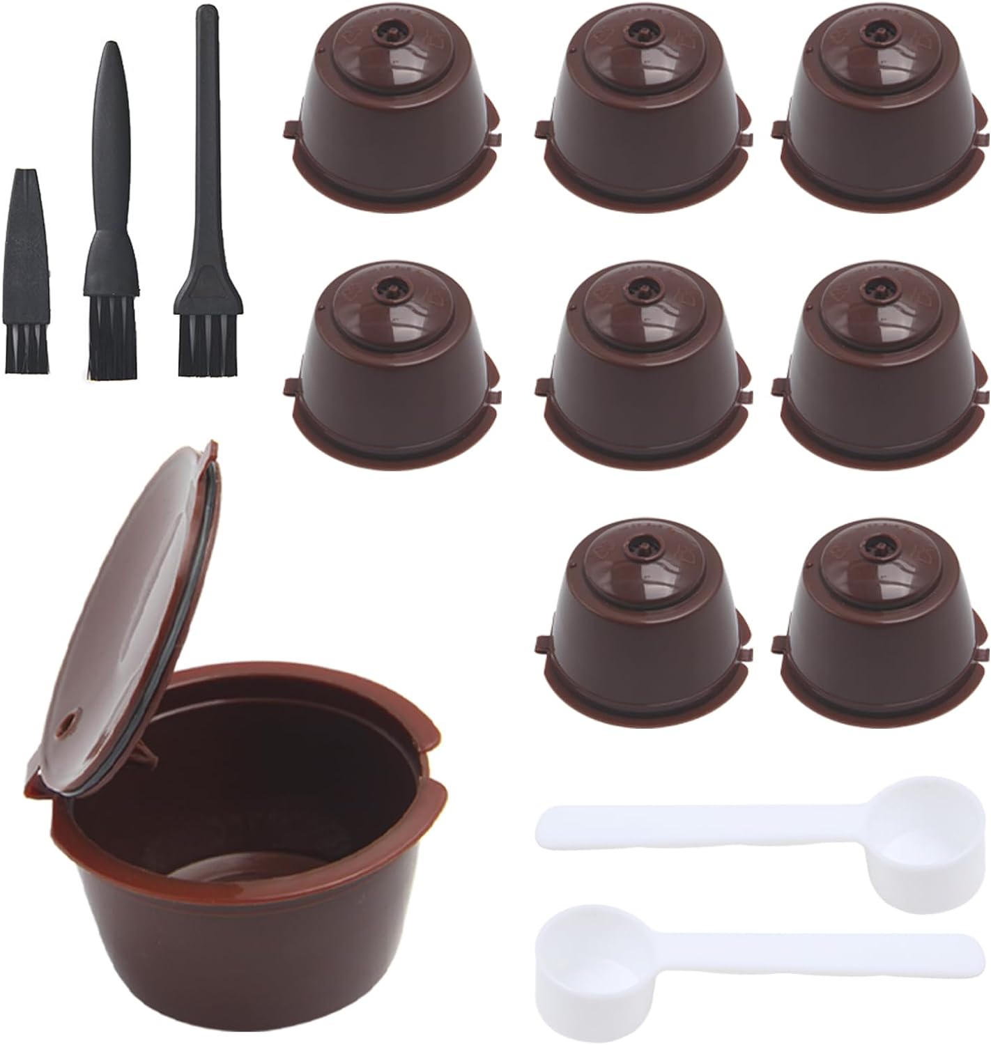 UTMACH Pack of 9 Plastic Refillable Capsules with 2 Pieces Spoons and 3 Pieces Brush Coffee Capsule Reusable Coffee Capsule Filter Cup Capsule for Coffee Machine Filter