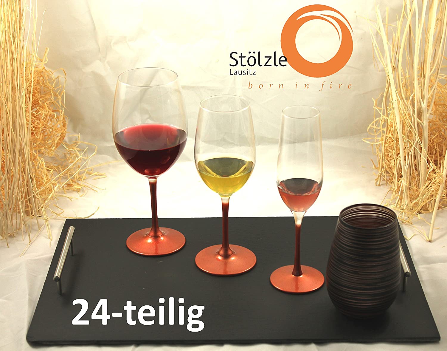 Stölzle Lausitz 24 Piece Glasses Set Bronze with 6 Glasses Red Wine White Wine/Champagne and Cup, Crystal Glass, 250.618