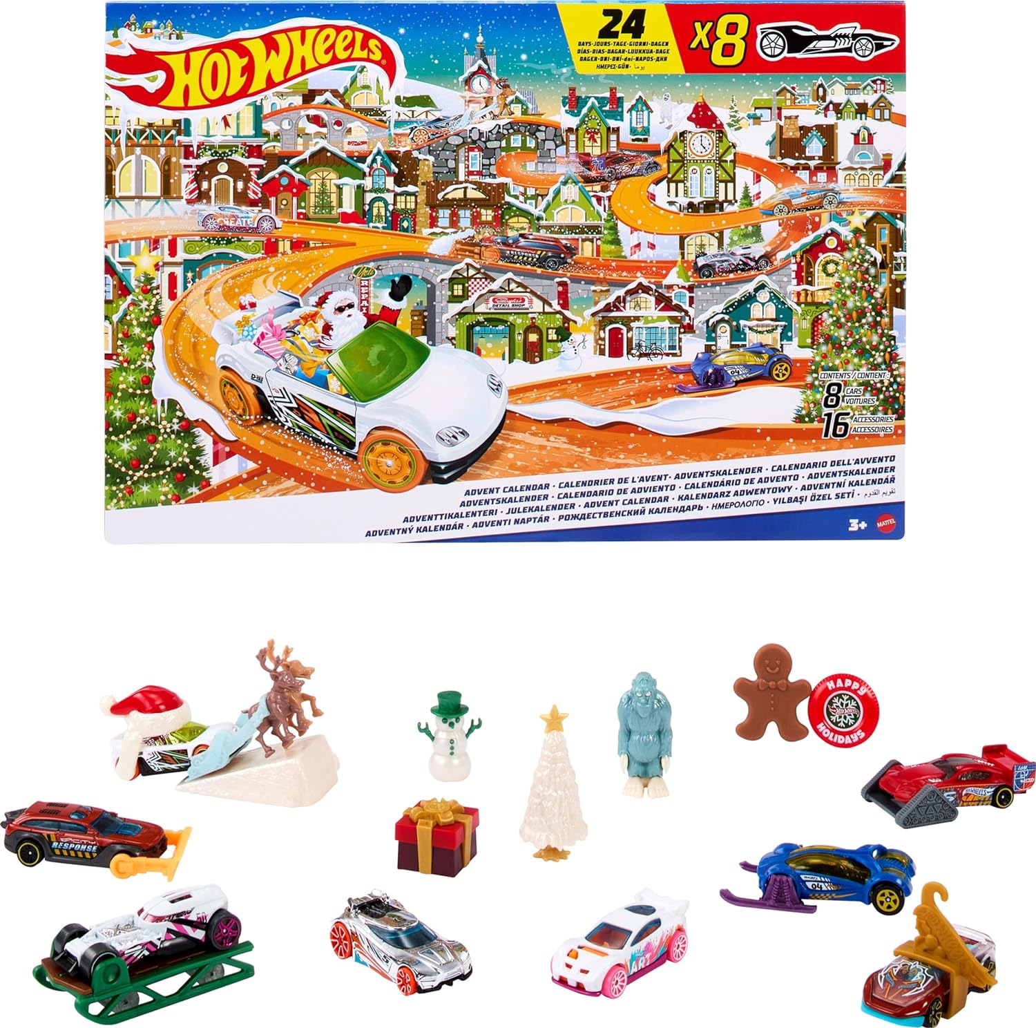 Hot Wheels Advent Calendar 2023 - 8 Hot Wheels Cars and 16 Winter Accessories Behind 24 Numbered Doors, Includes Play Mat, For Children and Hot Wheels Fans, HKL74