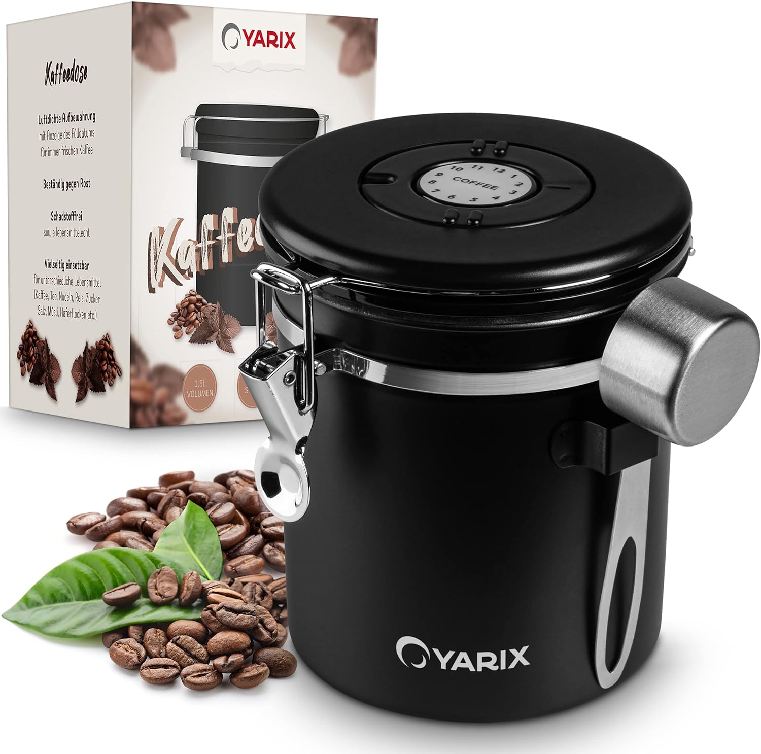 Yarix Airtight Coffee Canister 415 g Weight -1.5 Liters (approx. 500 g Volume) Coffee Container Aroma Proof with Spoon Coffee Beans Container Stainless Steel Aroma Can Coffee Storage Container