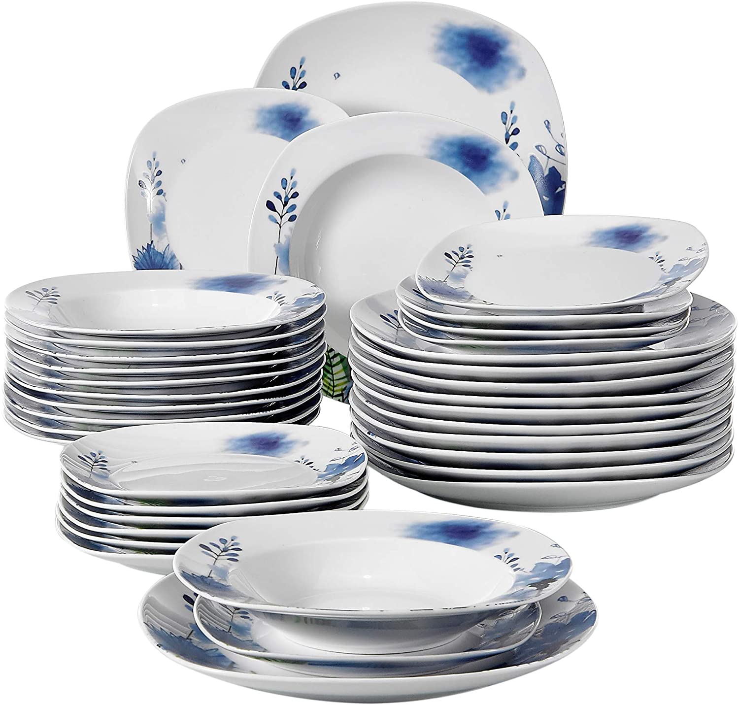 Veweet Laura Porcelain Dinner Set 36 Pieces / 48 Pieces Crockery Set Including Cereal Bowls, Dessert Plates, Dinner Plates and Soup Plates, Tableware Set for 6/12 People