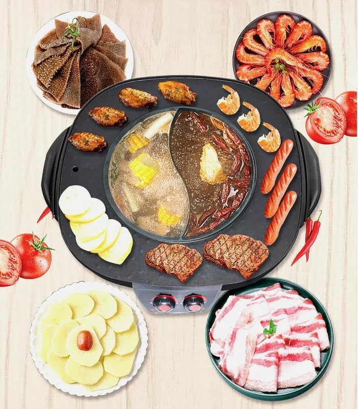 Hot Pot with Grill 2-in-1 Multifunctional Electric Teppanyaki Grill Dual Temperature Control Smokeless Hot Pot Grill 4000 W 42 cm Diameter