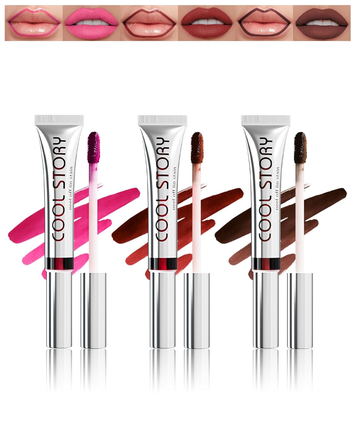 Lip Tint Stain Peel Off Set, 3 Colors, Matte Nude Lip Gloss, Durable Waterproof Magic Tattoo, Removable Liquid Lipstick, Non-Stick Lips, Peel Off Lip Liner for Women, Lip Make-Up, 105 + 125 + 145