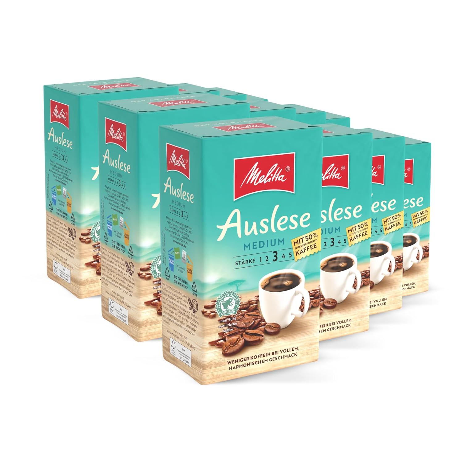 Melitta Auslese Medium Filter Coffee 12 x 500 g, Ground, Powder for Filter Coffee Machines, 50% Decaffeinated Coffee, Medium Roast, Roasted in Germany, in Tray
