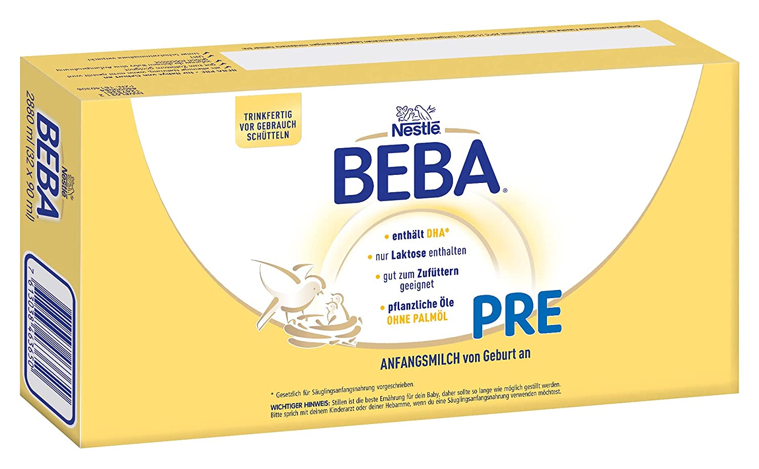 Nestlé BEBA PRE, Säuglingsmilchnahrung von Geburt an, trinkfertige Babymilch im Fläschchen, leicht verträgliche Babynahrung, 32er Pack (32 x 90 ml)