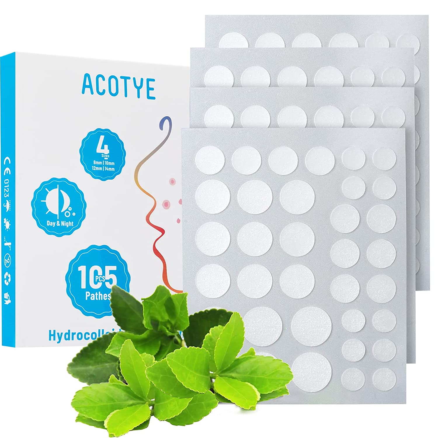 ACOTYE 2021 Pimple Patch, 105 Pieces, Pimple Patch, Spots, Quick Healing with Tea Tree Oil, Salicylic Acid and Niacinamide, Invisible Hydrocolloid Plasters, Four Sizes 8 mm, 10 mm, 12 mm, 14 mm