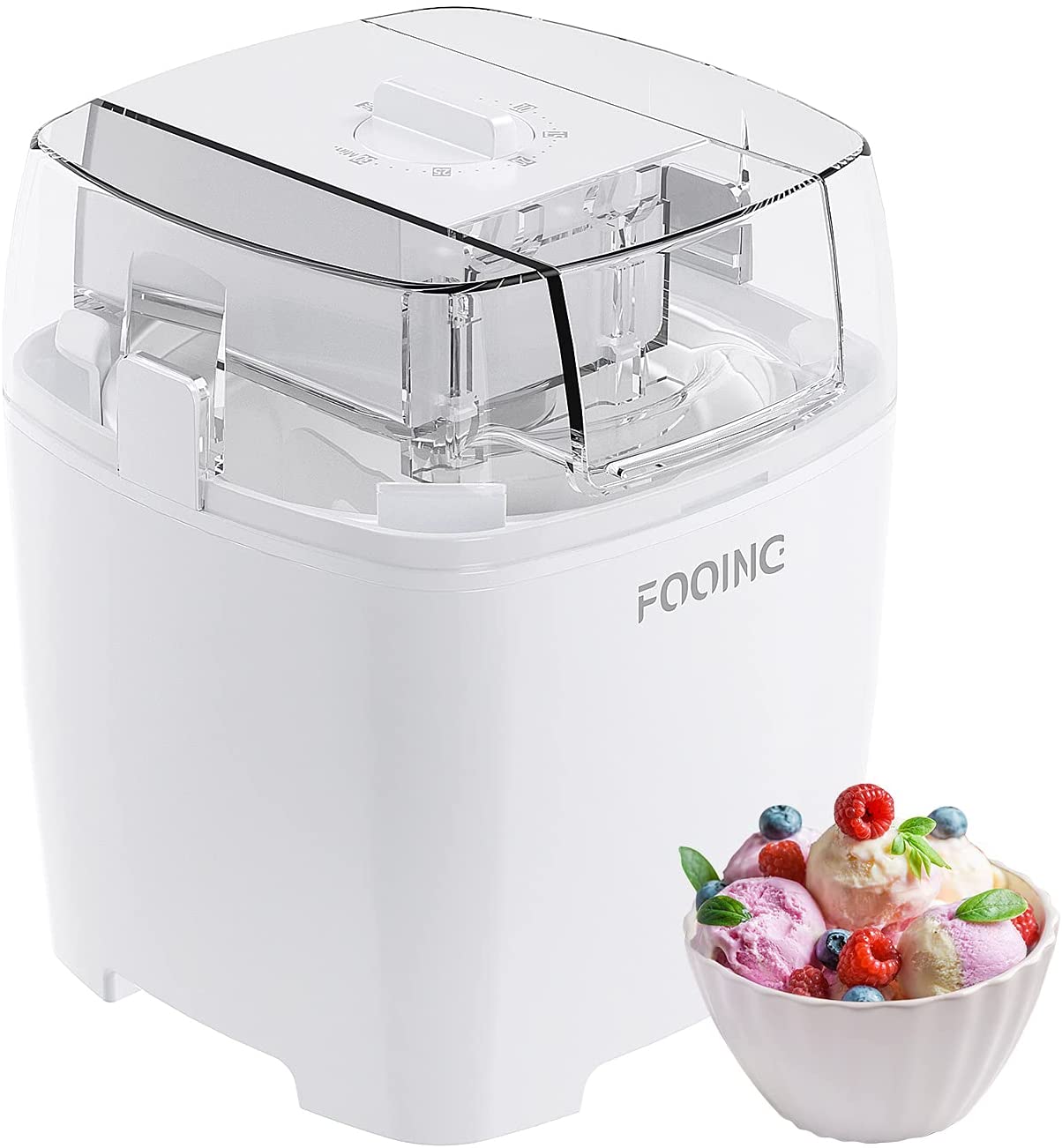 FOOING Ice Cream Maker 1.5 L with Rotary Knob (5 to 30 Minutes), Stainless Steel Home Ice Cream Machine, Suitable for Sorbet, Frozen Yoghurt and Ice Cream, Includes Recipe and Paper Cups