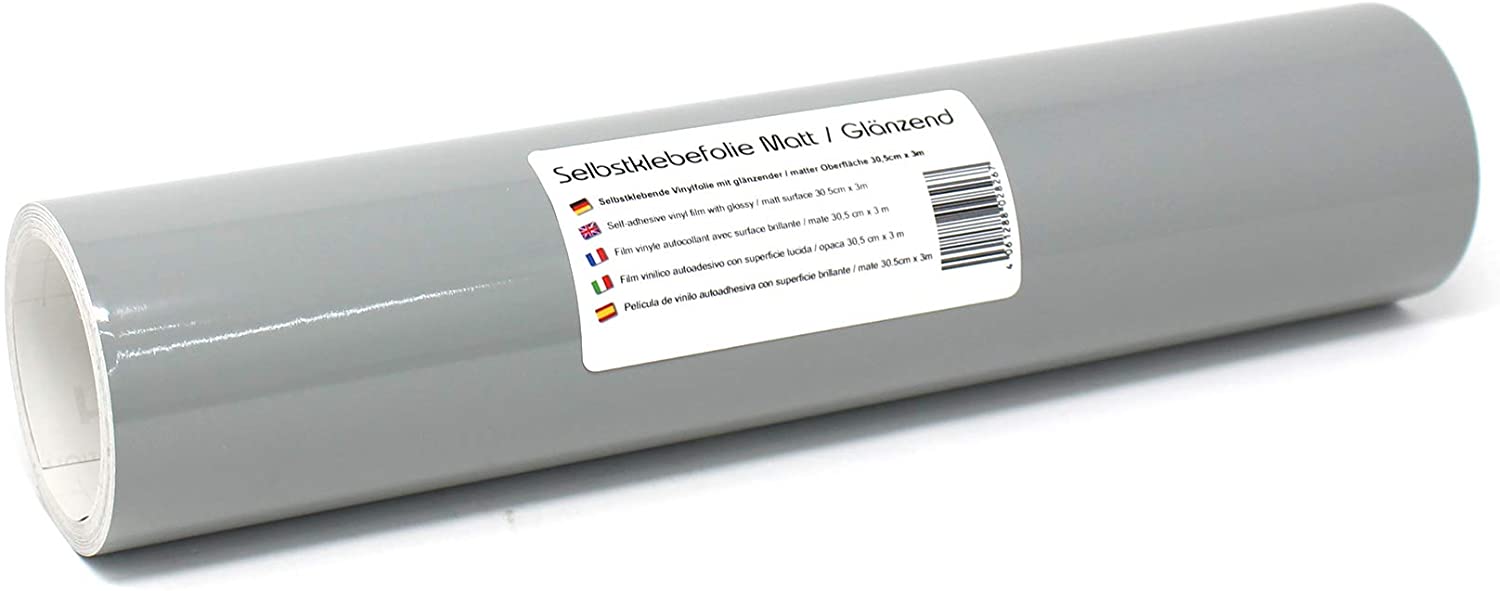 Finest Folia 3 m x 31 cm Plotter Film 105 Colours Matt/Glossy Self-Adhesive Craft Film for Plotting Furniture Film (074 Medium Grey, Gloss)