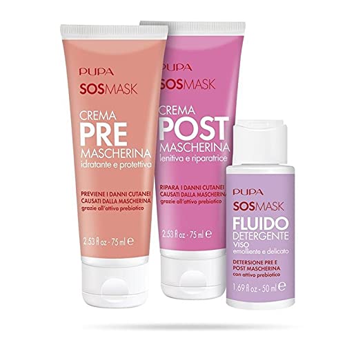 pupa PUPA, SOS mask set (cream pre mascherina 75 ml + cream post mascherina 75 ml + fluido detergente 50 ml), 1 set., ‎multicoloured
