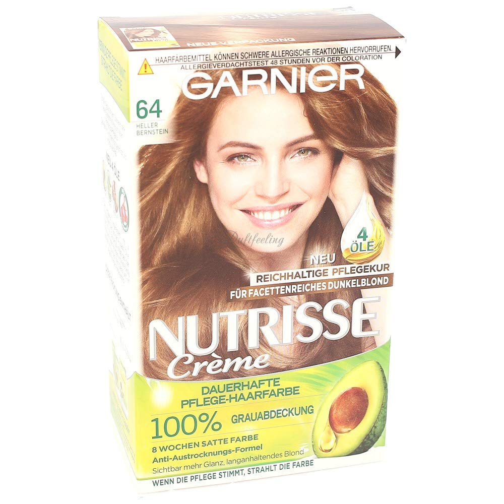Garnier Creme Colour for Permanent Hair Colour with 5 Nourishing Oils Nutrisse, Light Amber 64, Pack of 3, ‎64