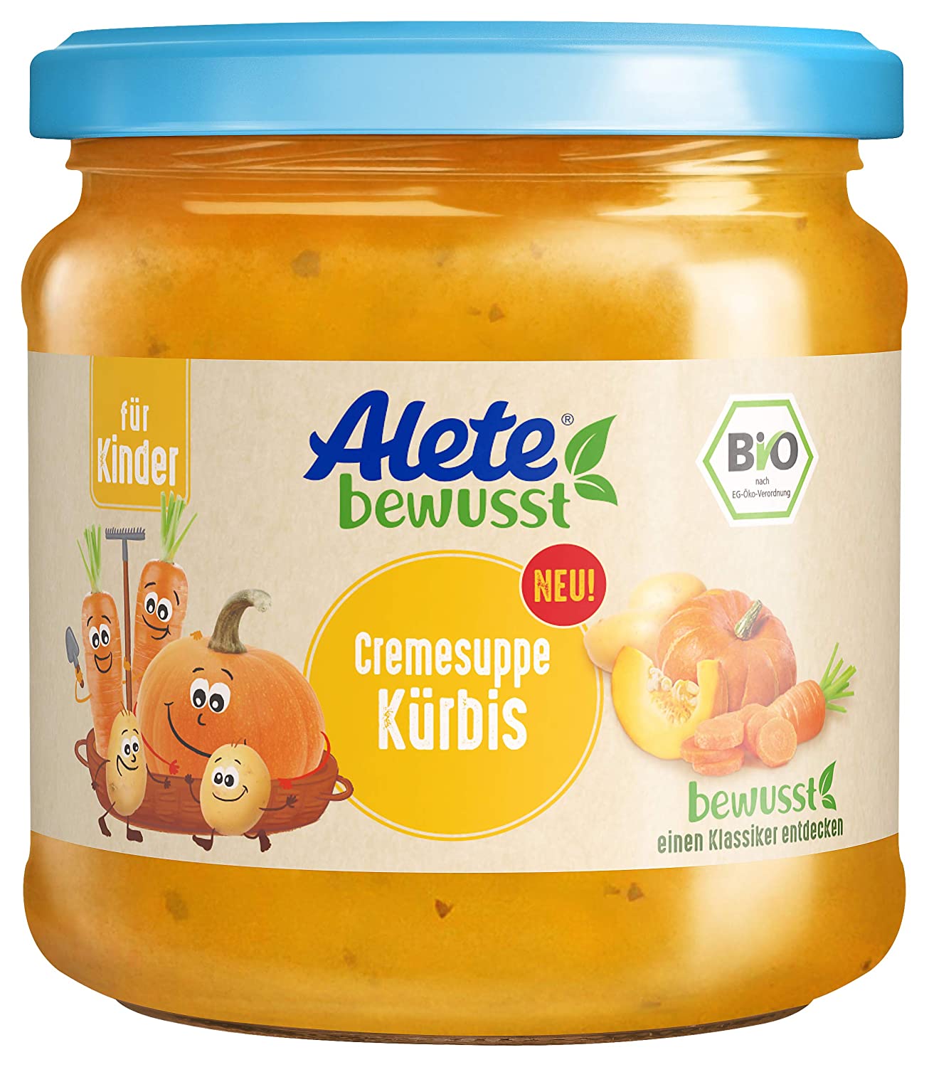 Alete bewusst Cremesuppe Kürbis, ab 3 Jahren, cremige Kürbissuppe mit Karotten & Kartoffeln, herzhafte Mahlzeit für Kinder zum Mittag- oder Abendessen, ohne Aromastoffe, 350 ml