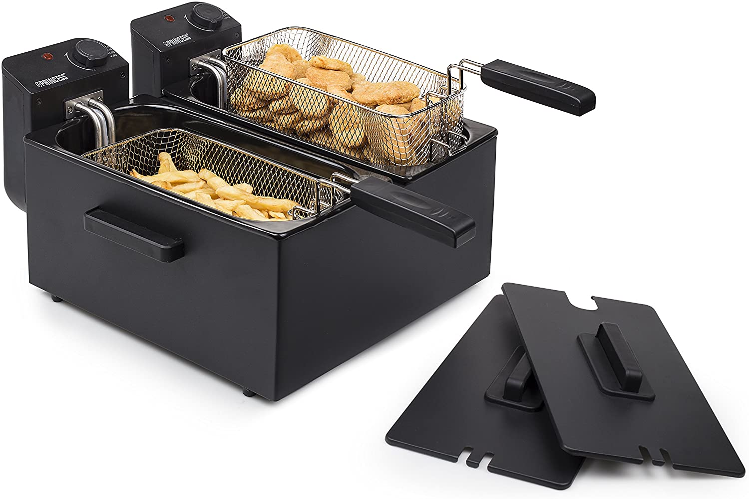 Princess Stainless Steel Double Fryer in Black, 2 x 3 Litres (2 x 1800 Watt) with Cold Zone Function, 183028