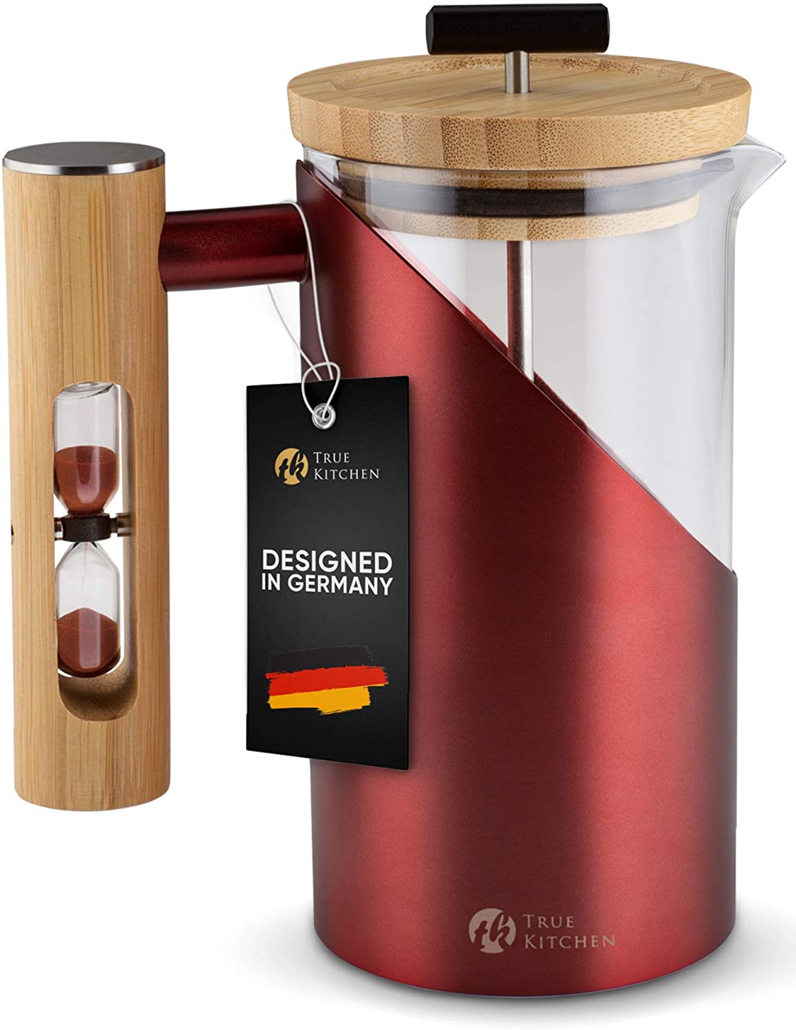 tk TRUE KITCHEN True Kitchen French Press Stainless Steel + Glass + Bamboo I Coffee Maker with Instructions I Approx. 0.5 L (for 3 Cups), Thermal Coffee Press, Double-Walled Insulation, Red and Black