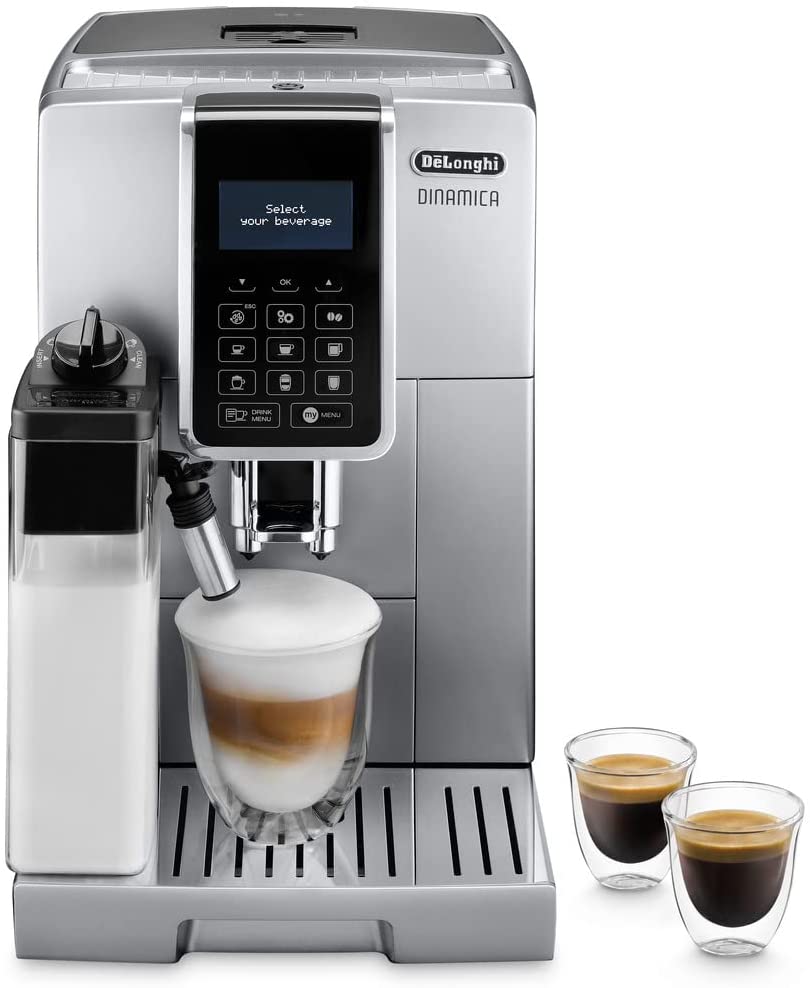 DeLonghi De\'Longhi Dinamica ECAM 350.75.S Fully Automatic Coffee Machine with Milk System, Cappuccino and Espresso at the Touch of a Button, Digital Display with Clear Text, 2 Cup Function, Large 1.8 Litre Water Tank, Silver
