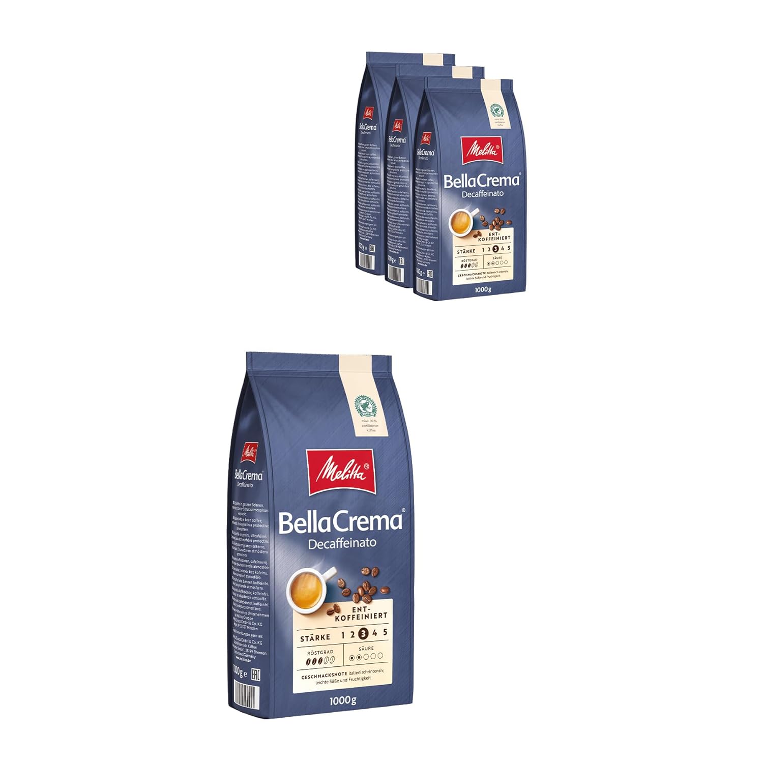 Melitta Bellacrema Decaffeinato entire coffee beans decaffeinated 4 x 1kg, uncomfortable, coffee beans for fully automatic coffee machine, caffeine-free, mild roasting, roasted in Germany, strength 3