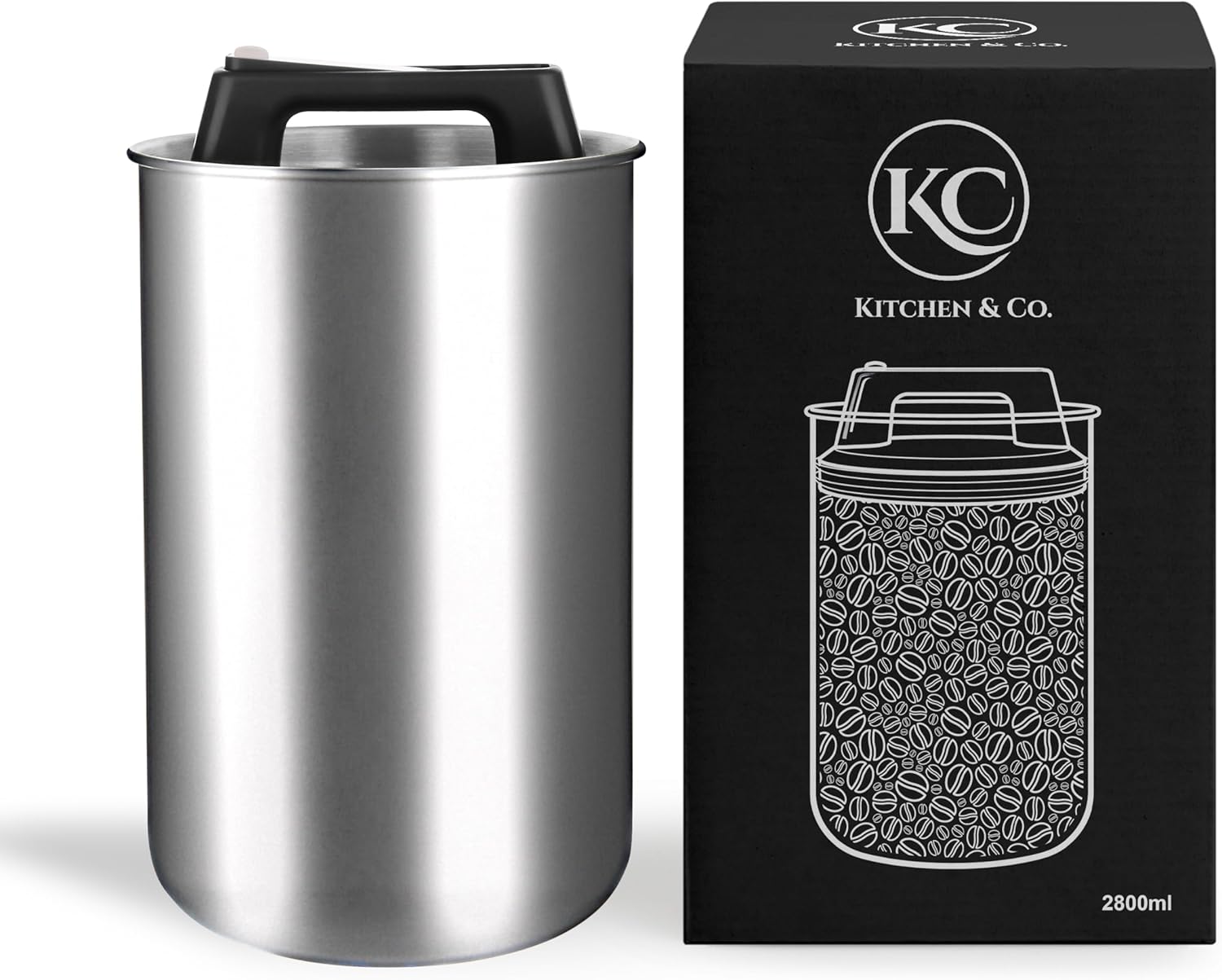 Airtight Coffee Canister for 1 kg Coffee Beans with Vacuum Lid (Container for Coffee, Tea, Stainless Steel Tin for Storage with Aroma Closure, Storage Jar for 1000 g Coffee) Silver (2800 ml)
