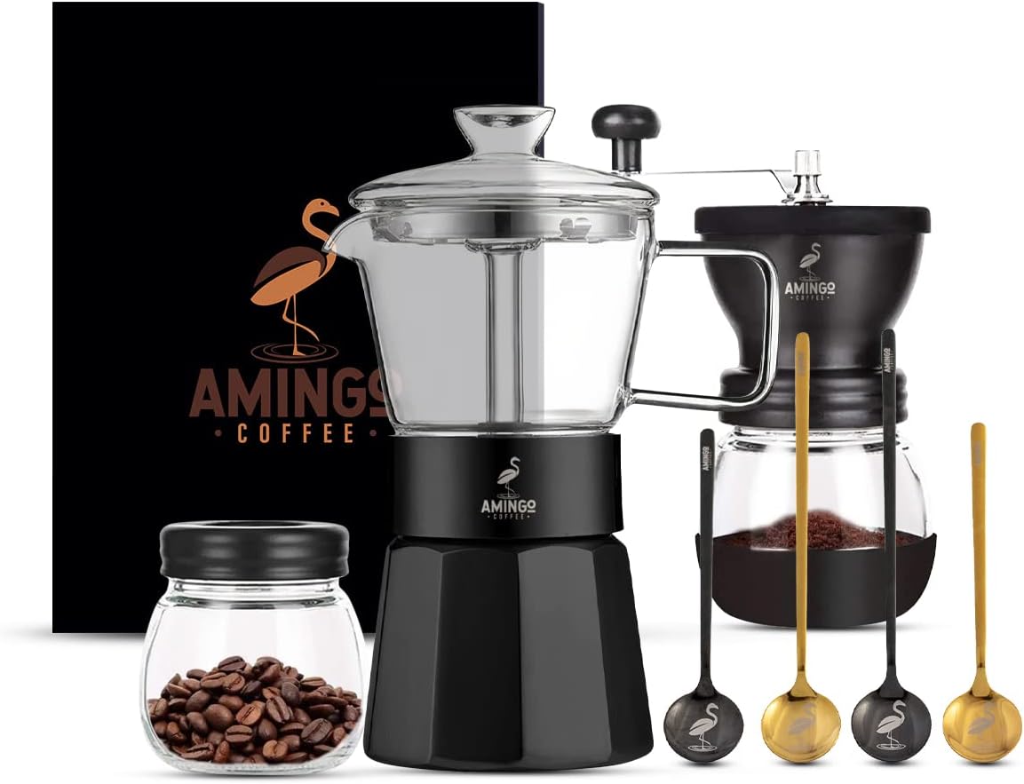 Amingo Stainless Steel Espresso Maker for 240 ML Espresso and Manual Coffee Grinder With Ceramic Grinder + 4 Coffee Spoons in Gold and Black + Storage Jar
