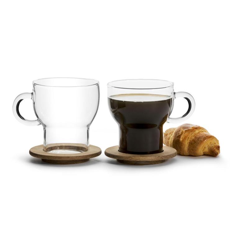 Oak Glass Cup With Saucer 2-Pack