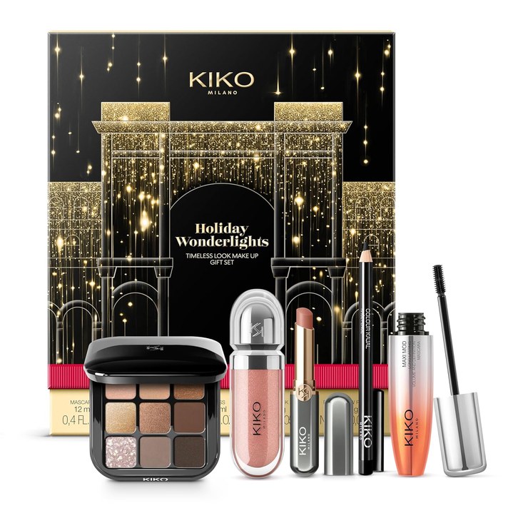 KIKO Milano Holiday Wonderlights Timeless Look Makeup Gift Set, Makeup Gift Set: Kajal, Volume Mascara, Eyeshadow Palette, Lipstick and Lip Gloss