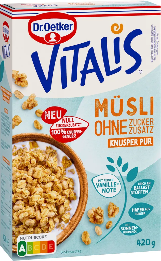 Oetker Vitalis ohne Zuckerzusatz Knuspermüsli Pur mit Vanille 420g
