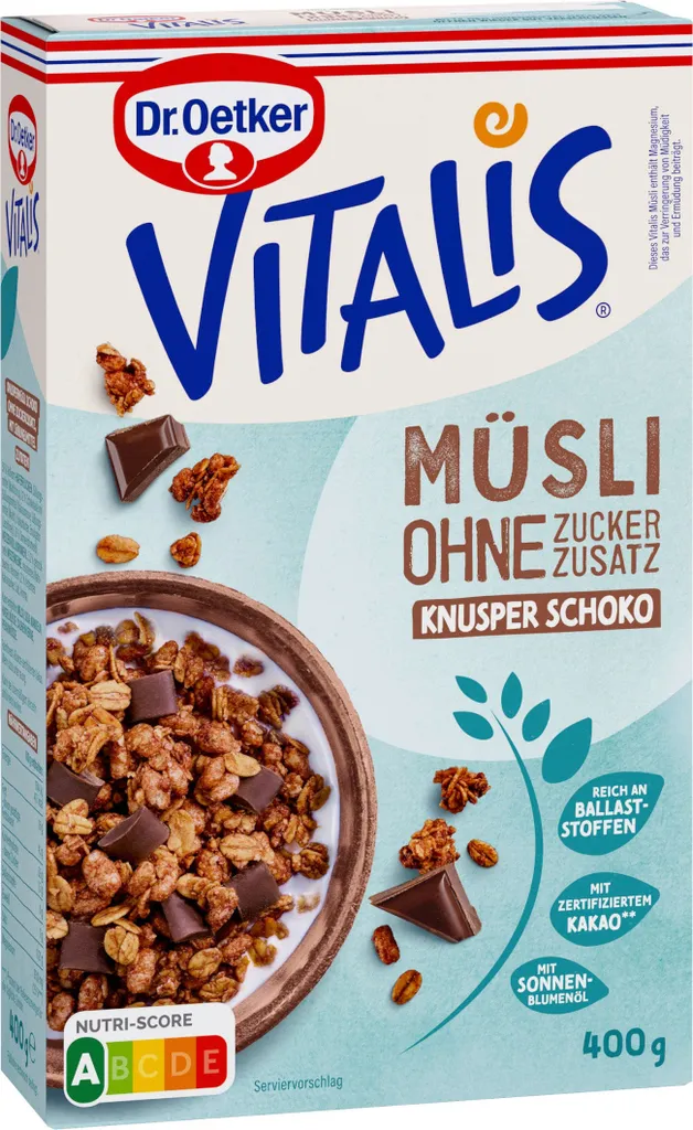 Oetker Vitalis ohne Zuckerzusatz Knuspermüsli Schoko Packung 400g