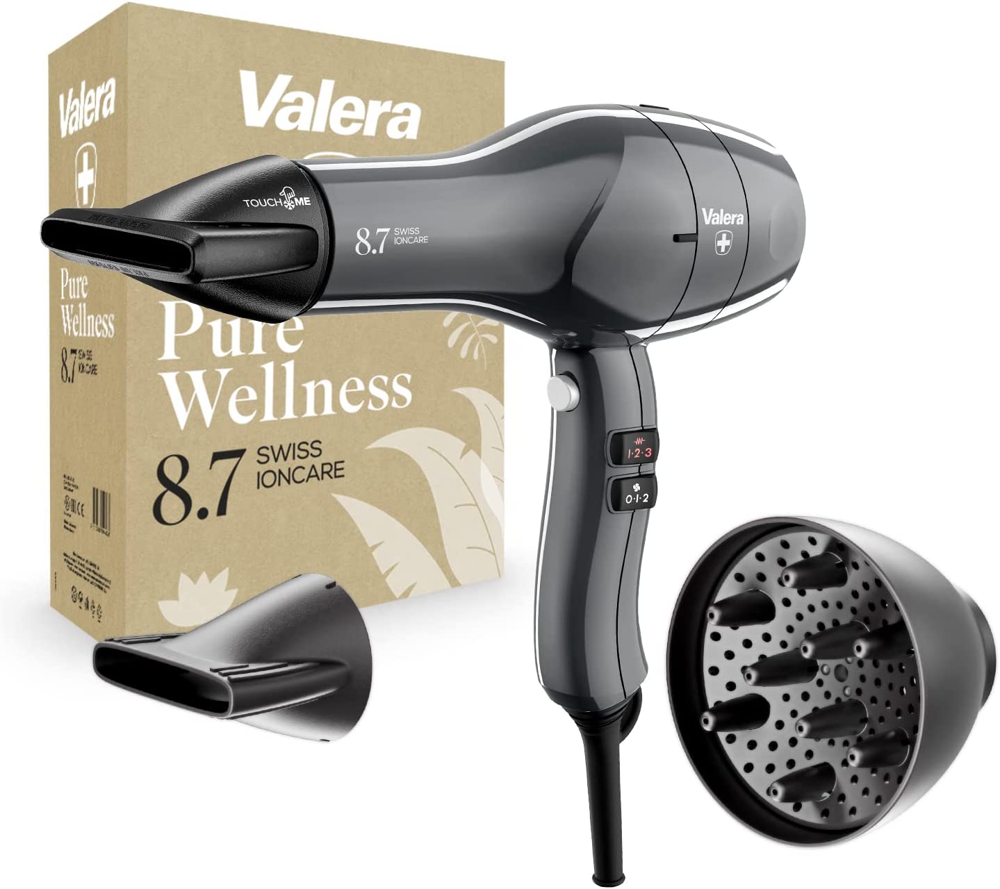Valera Swiss Ioncare 8.7 Professional Ion Hair Dryer for Quiet and Quick Drying, with Curl Diffuser, Sanify Air Purification, 2400 Watt, Timeless Grey