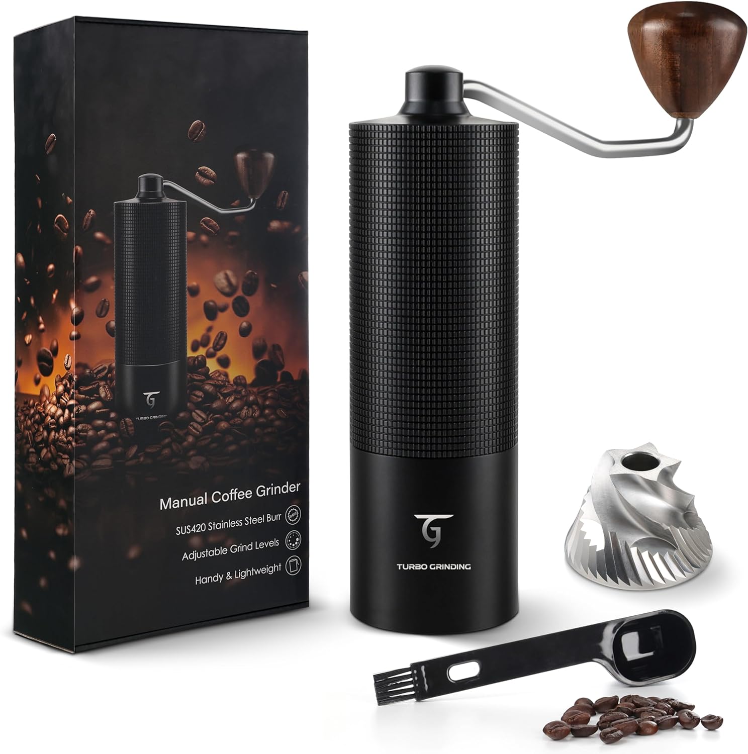 SUNYA Manual Coffee Grinder with Coffee Recipe Book Stainless Steel Hand Coffee Grinder with Cone Grinder Precision Adjustable Coffee Hand Mill Removable Wooden Handle for Espresso French Press